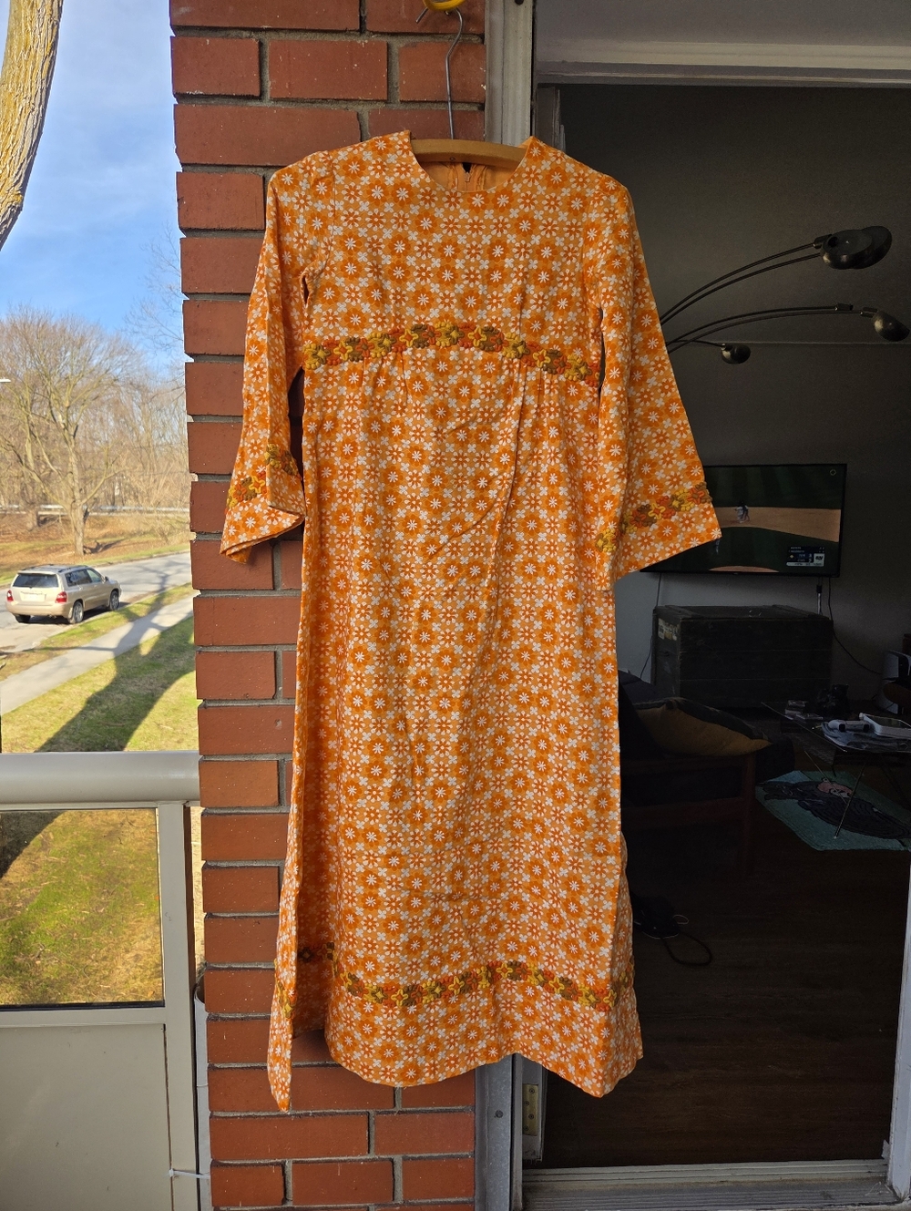Vintage 70s Boho Daisy Print Maxi Dress | Hand-Embroidered Empire Waist